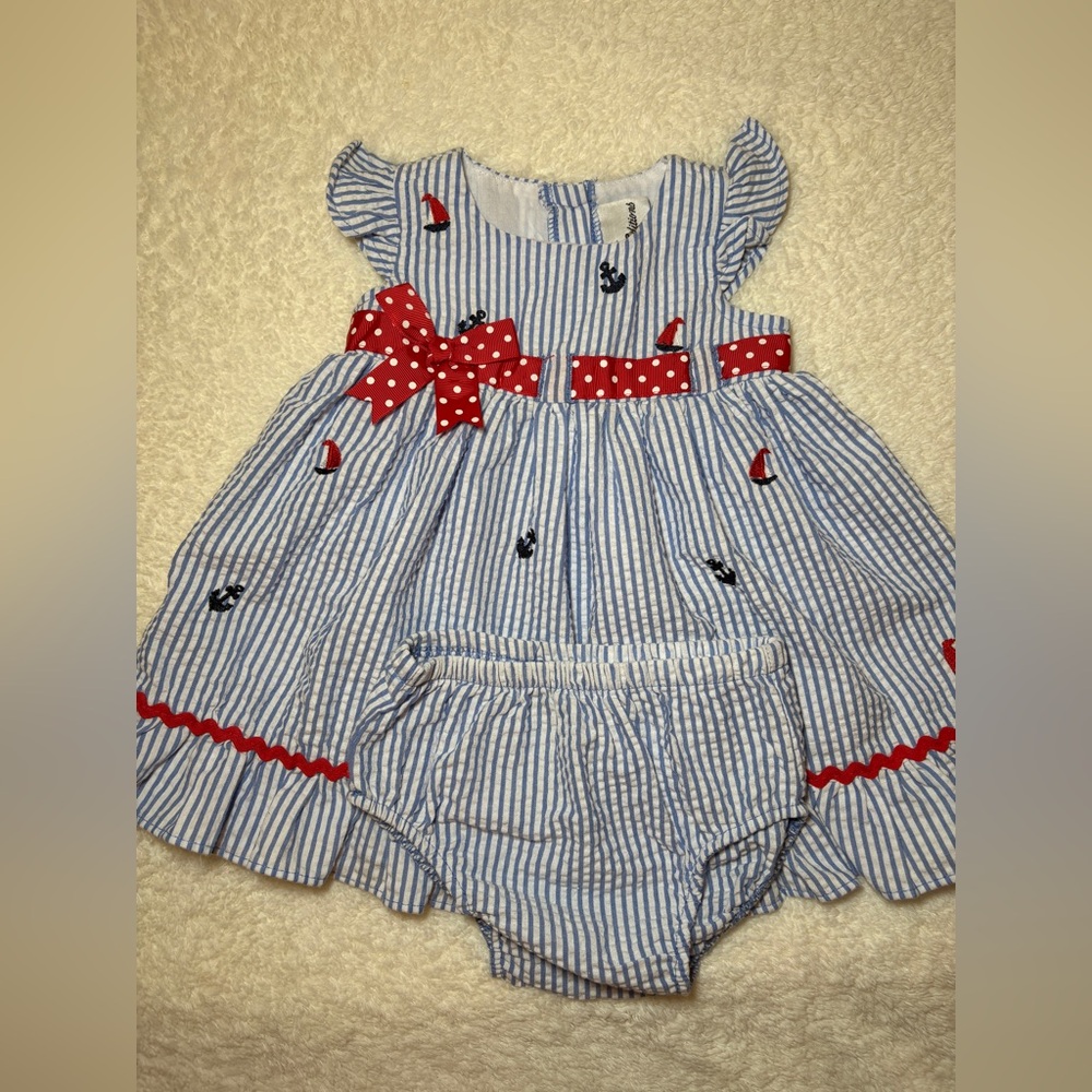 Rare Editions Striped Dress with Red Bow
